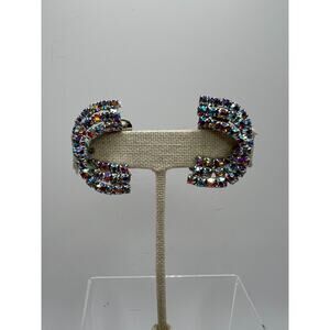 Vintage Aurora Borealis Rhinestone Clip Earrings Curved Silver Tone Statement